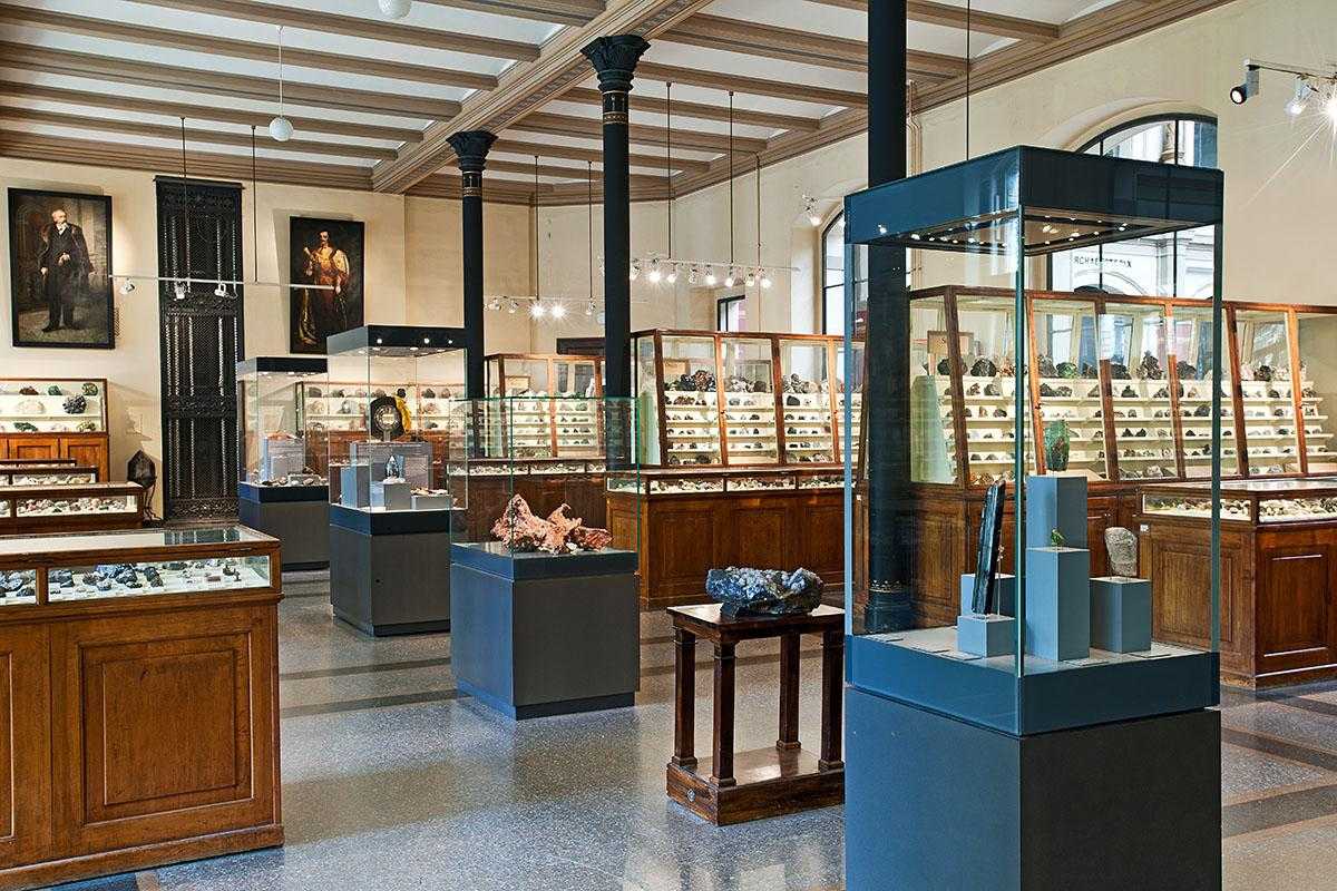 Display cases with minerals in the Minerals Hall