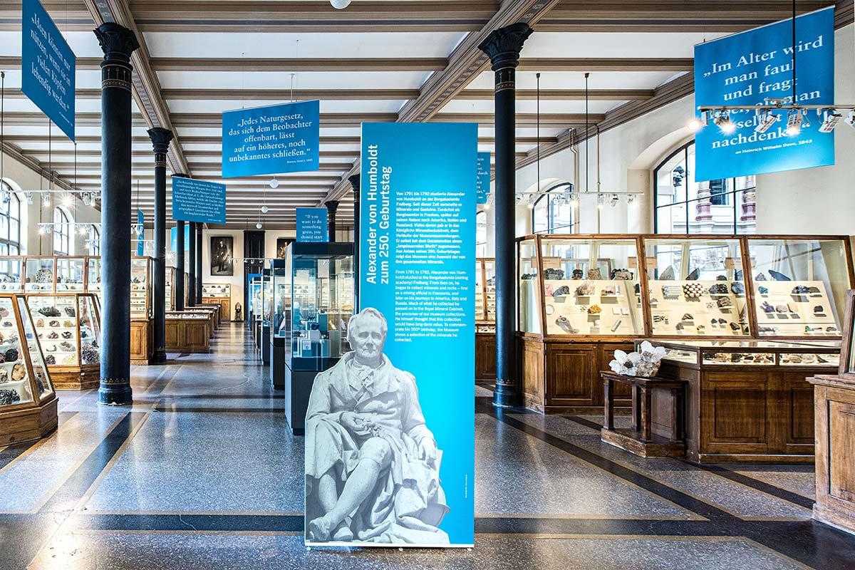 Posters of the Humboldt Intervention between and above the display cases in the Minerals Hall